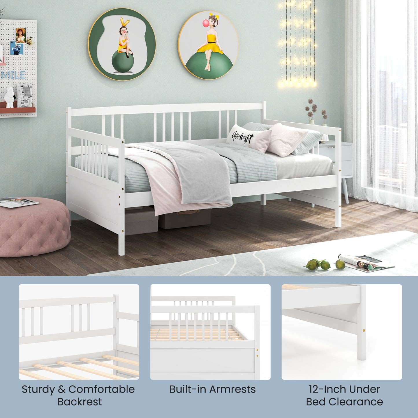 Twin Size Wooden Slats Daybed Bed with Rails-White Kids Crystal