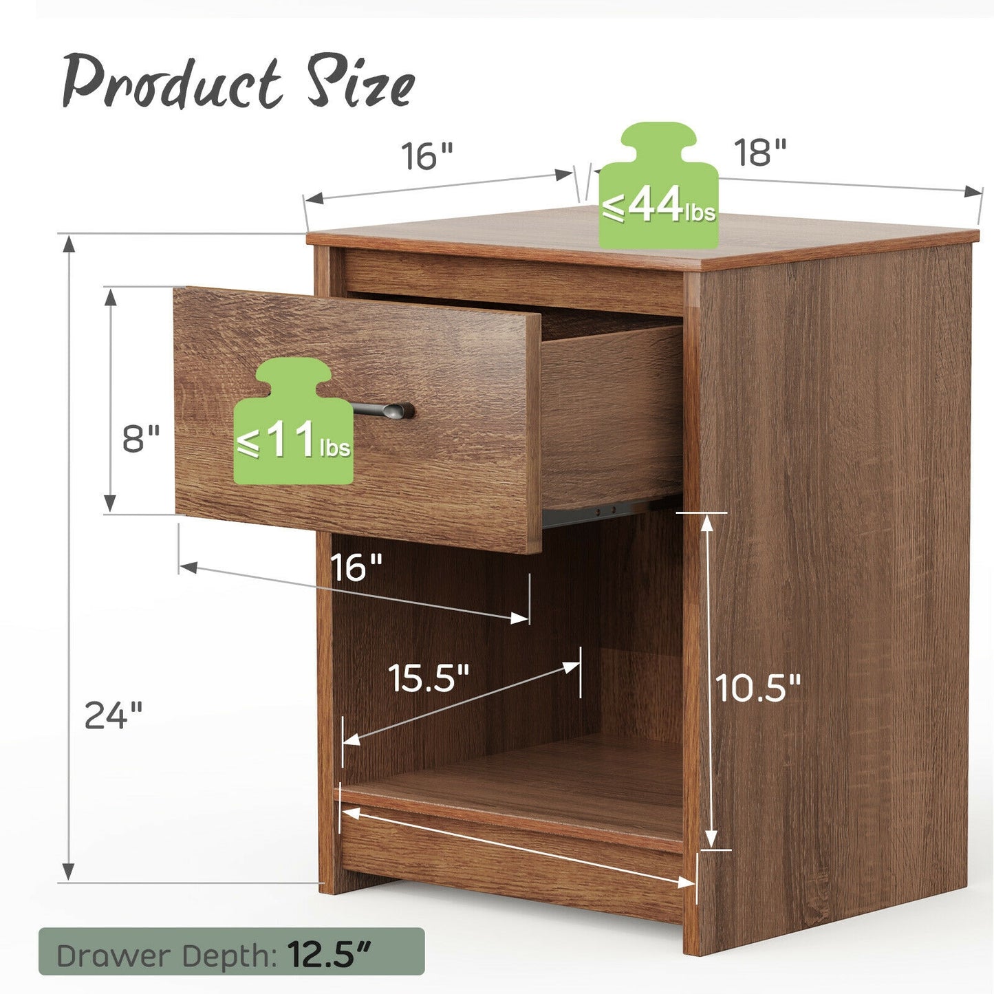 Wooden End Side Table Nightstand with Drawer Storage Shelf-Brown Kids Crystal
