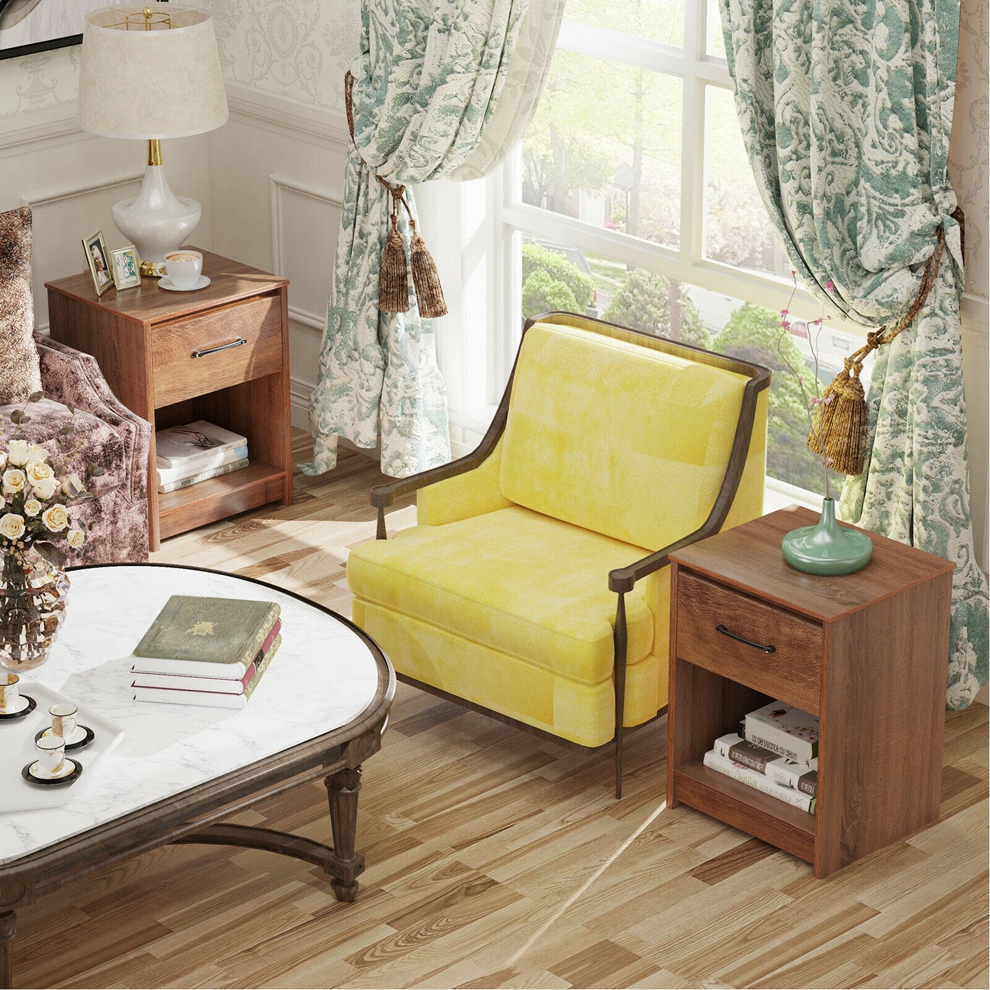 Wooden End Side Table Nightstand with Drawer Storage Shelf-Brown Kids Crystal