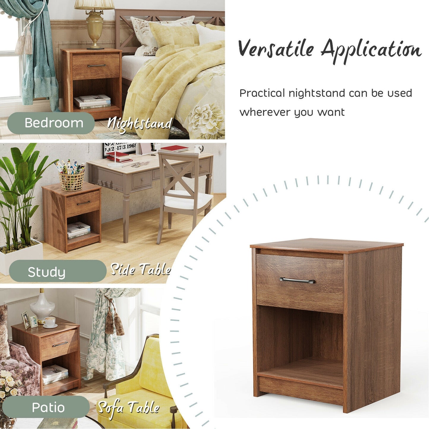 Wooden End Side Table Nightstand with Drawer Storage Shelf-Brown Kids Crystal