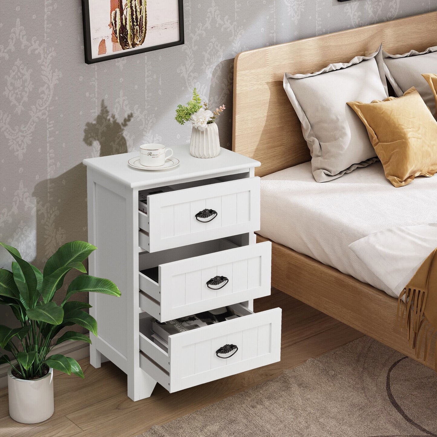 3-Drawer End Storage Wood Side Nightstand-White Kids Crystal