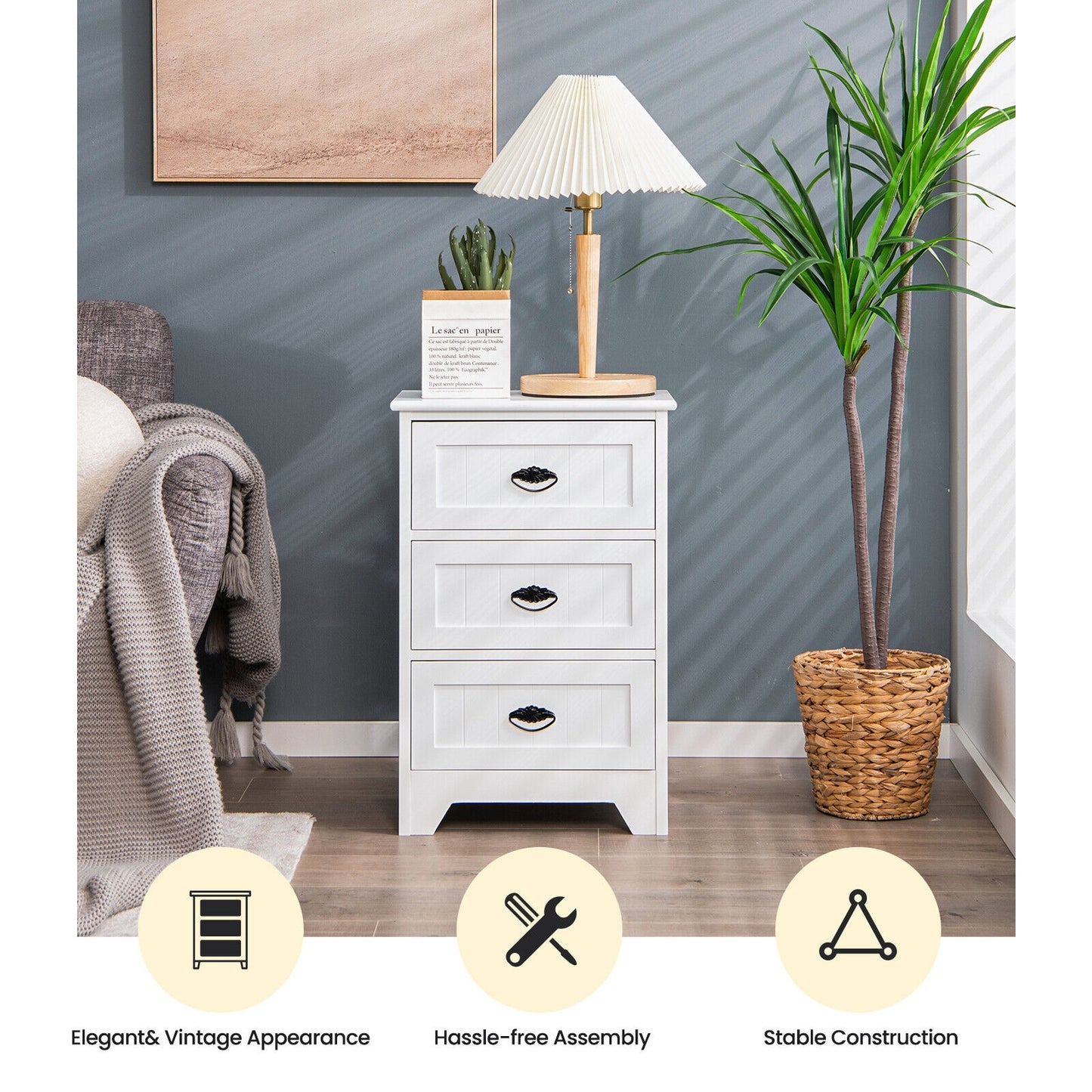3-Drawer End Storage Wood Side Nightstand-White Kids Crystal