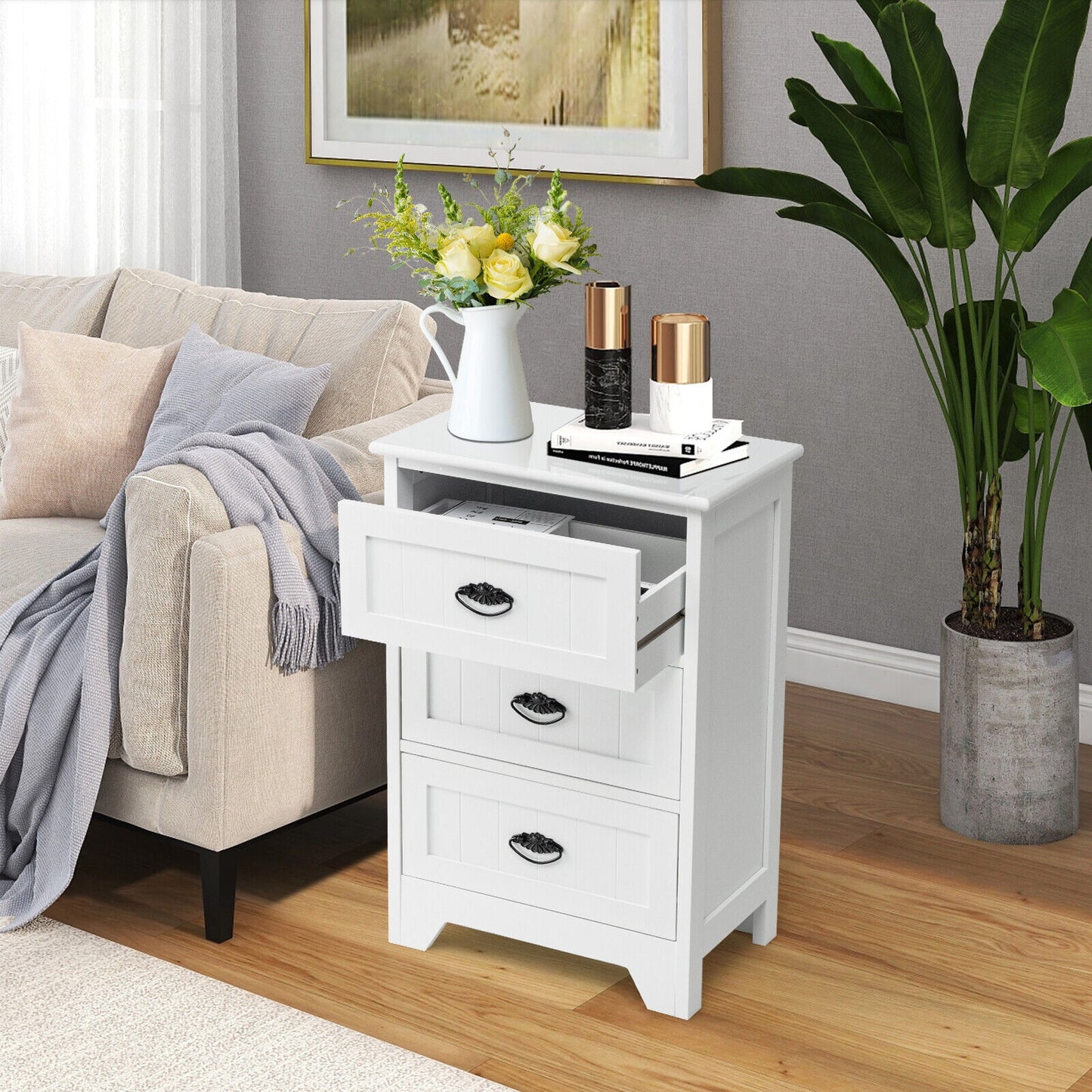 3-Drawer End Storage Wood Side Nightstand-White Kids Crystal