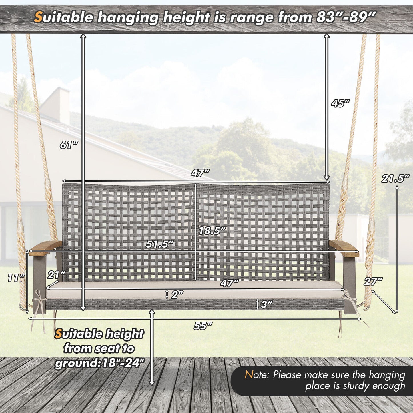 2-Person Patio Wicker Hanging Swing Chair-Off White Kids Crystal