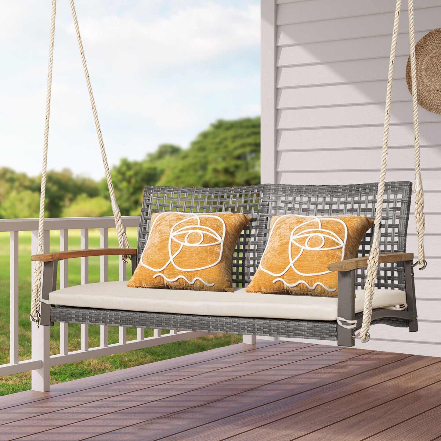 2-Person Patio Wicker Hanging Swing Chair-Off White Kids Crystal
