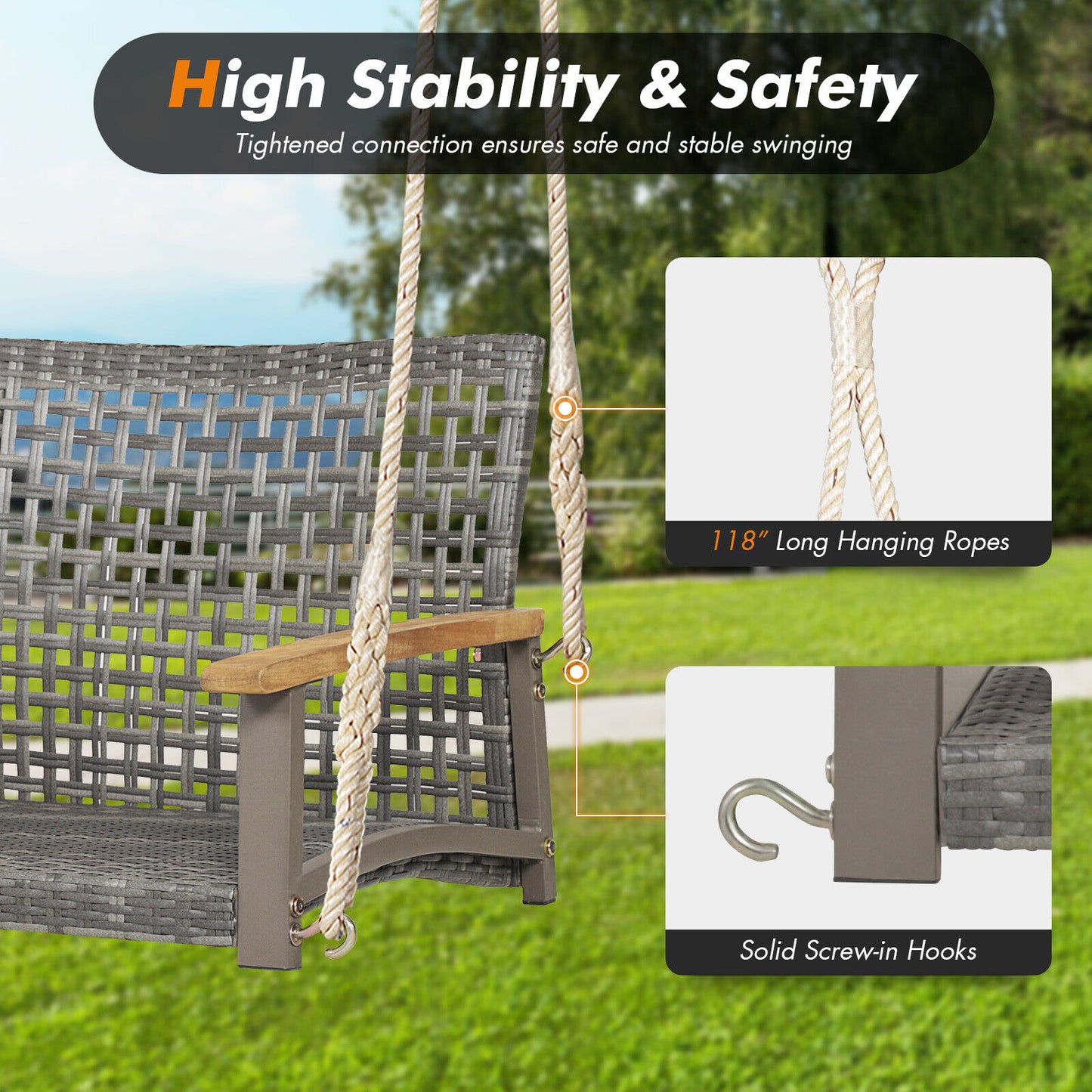 2-Person Patio Wicker Hanging Swing Chair-Off White Kids Crystal