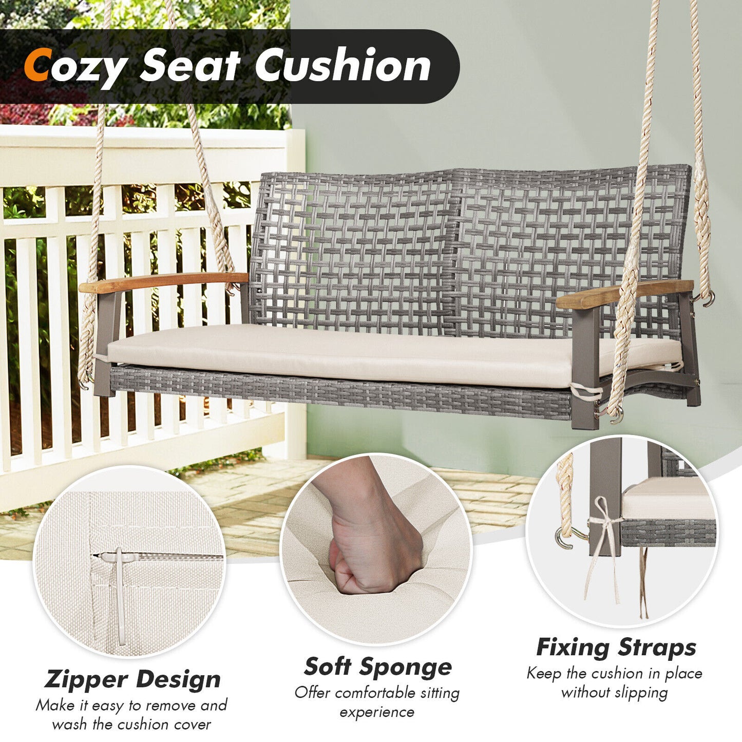 2-Person Patio Wicker Hanging Swing Chair-Off White Kids Crystal