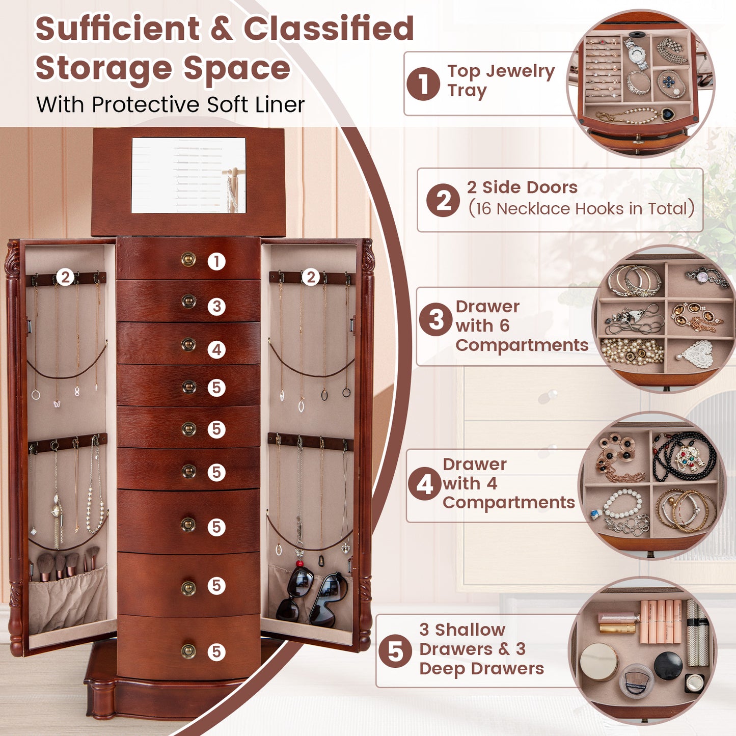 Large Wooden Jewelry Storage Box Organizer Kids Crystal