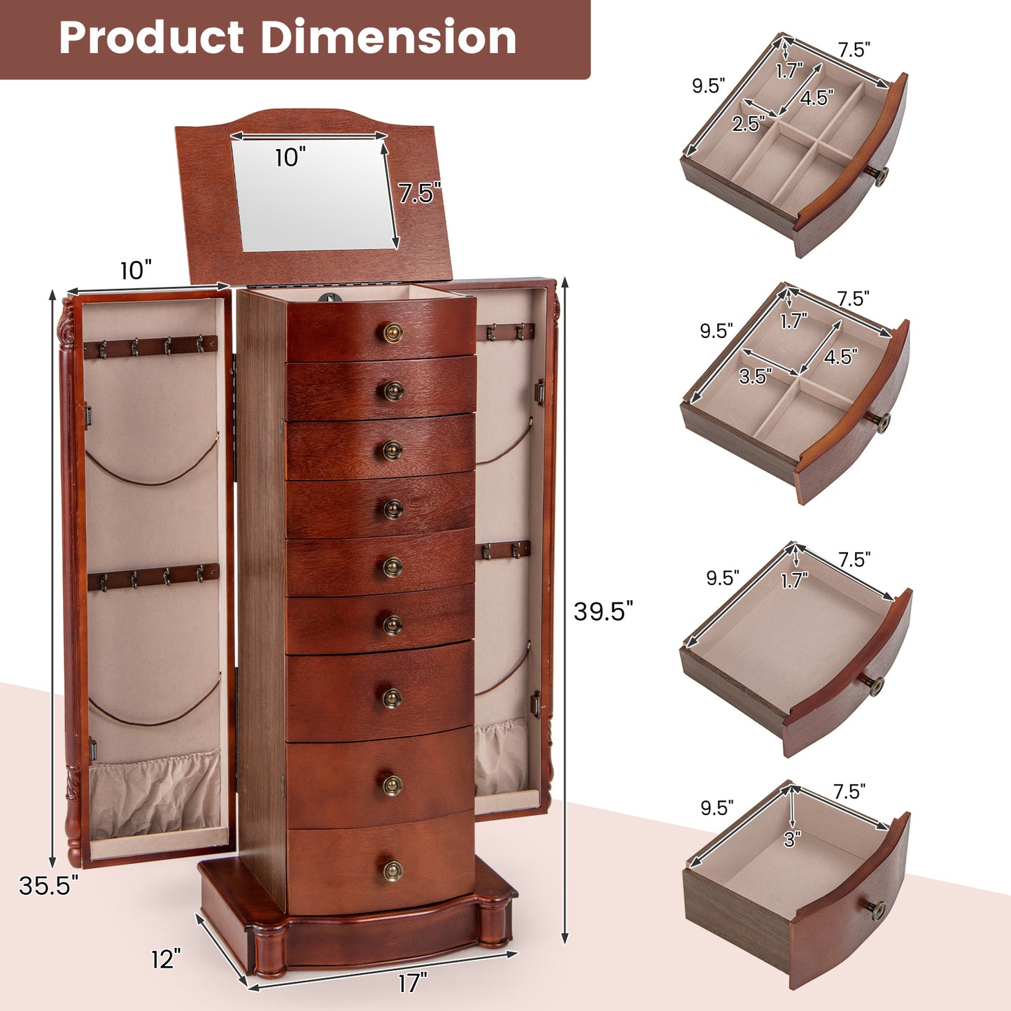 Large Wooden Jewelry Storage Box Organizer Kids Crystal