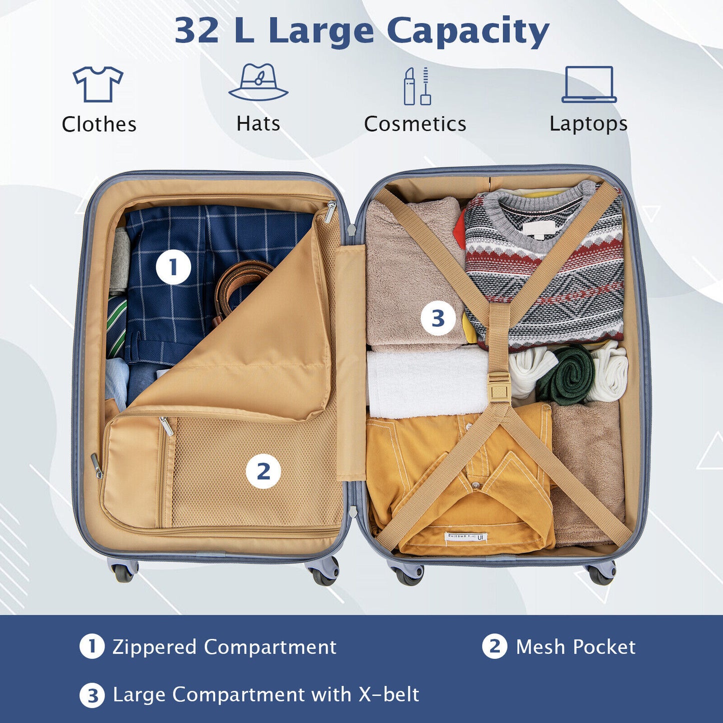 Hardside Luggage with Spinner Wheels with TSA Lock and Height Adjustable Handle-Blue Kids Crystal