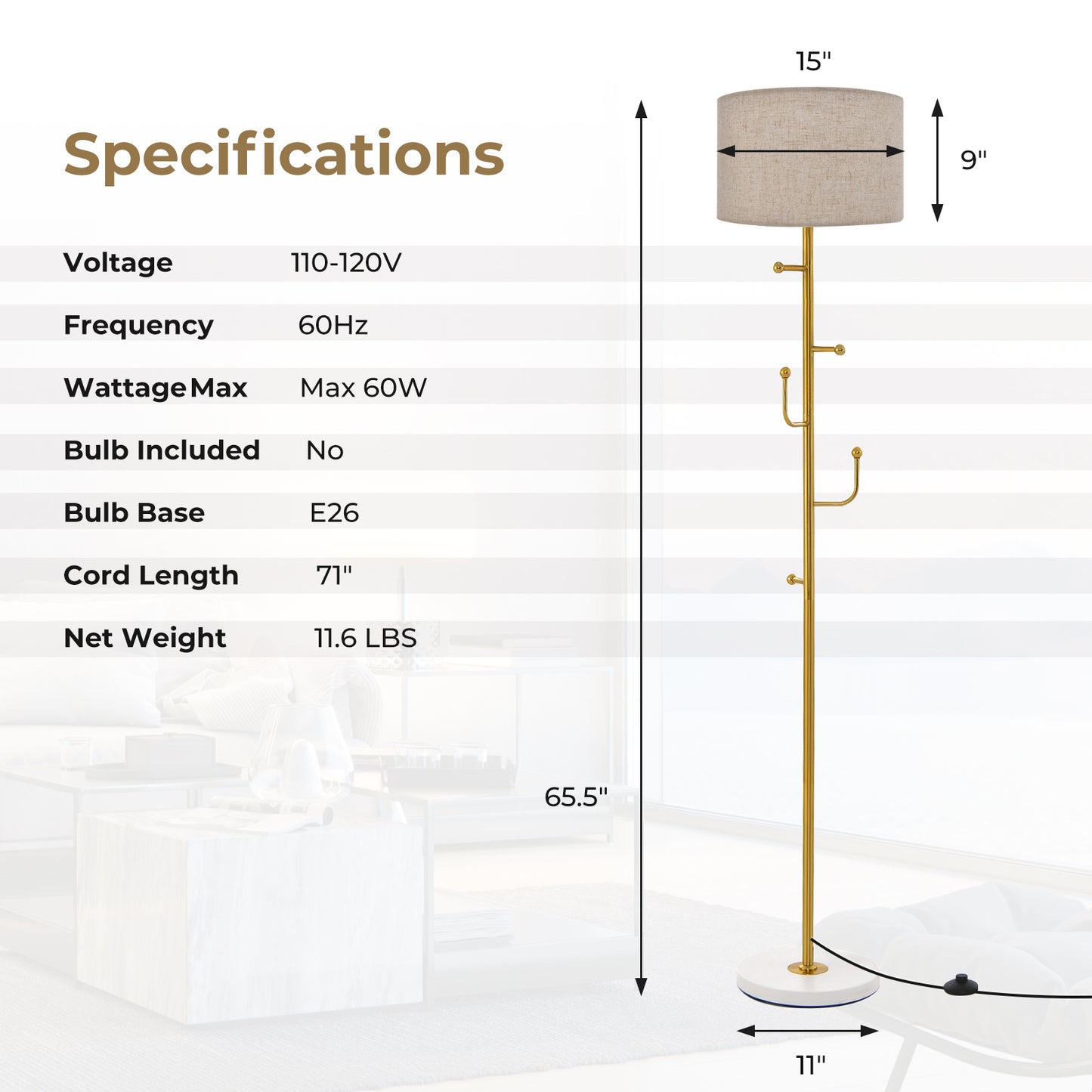 Freestanding Tall Pole Lamp with 5 Hooks and Sturdy Weighted Base Kids Crystal