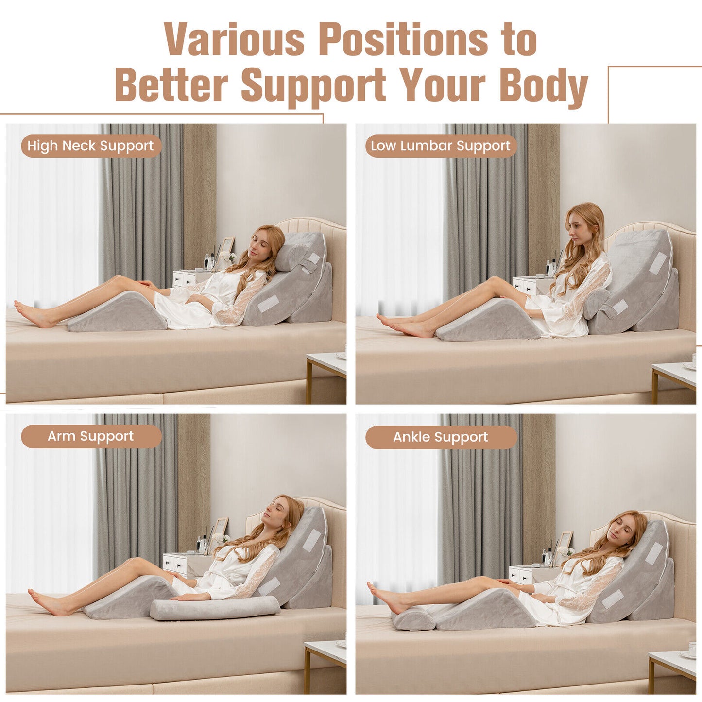 4 Pieces Bed Wedge Pillow for Back Neck and Leg Pain Relief-Gray Kids Crystal