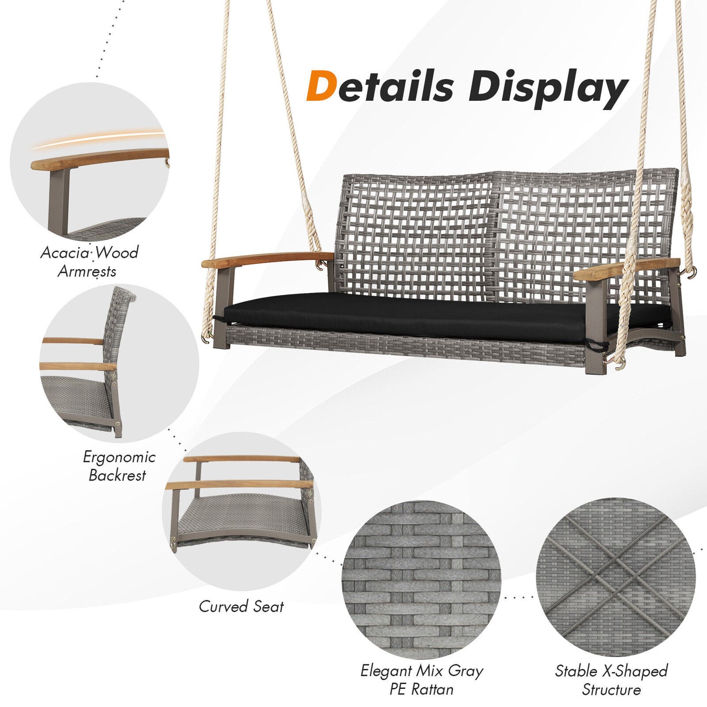 2-Person Patio Wicker Hanging Swing Chair-Black Kids Crystal