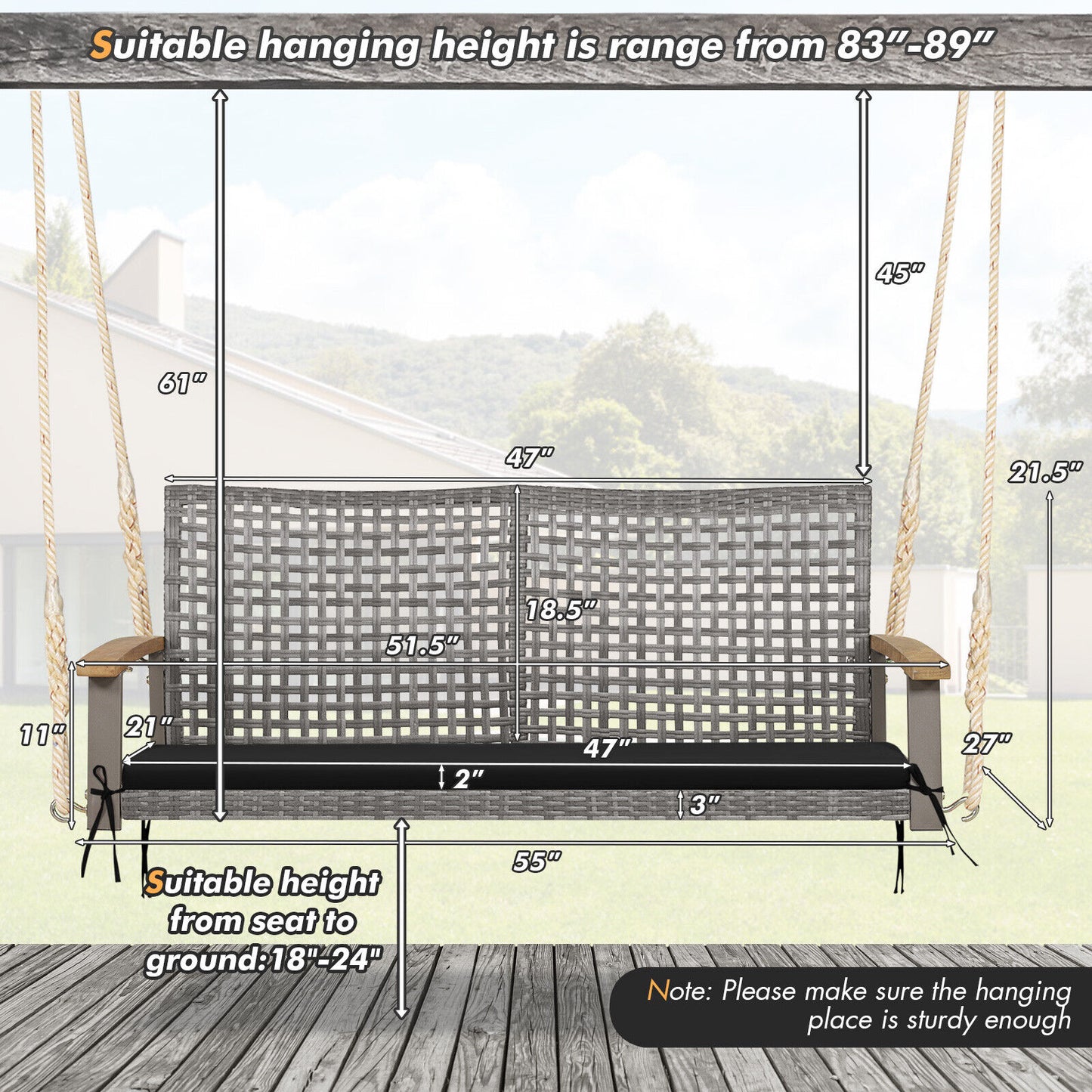 2-Person Patio Wicker Hanging Swing Chair-Black Kids Crystal