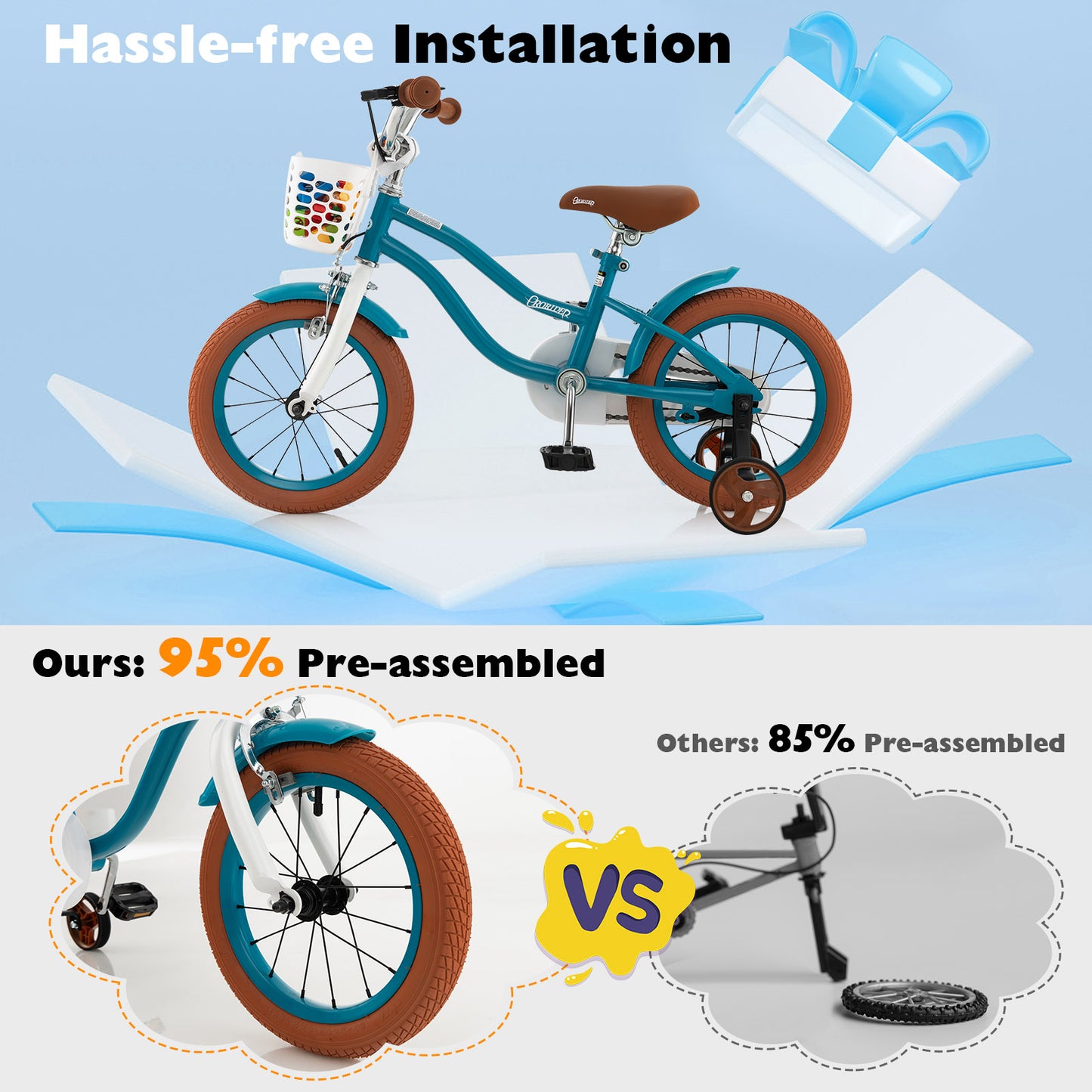 14 Inch Kid's Bike with Removable Training Wheels and Basket-Blue Kids Crystal