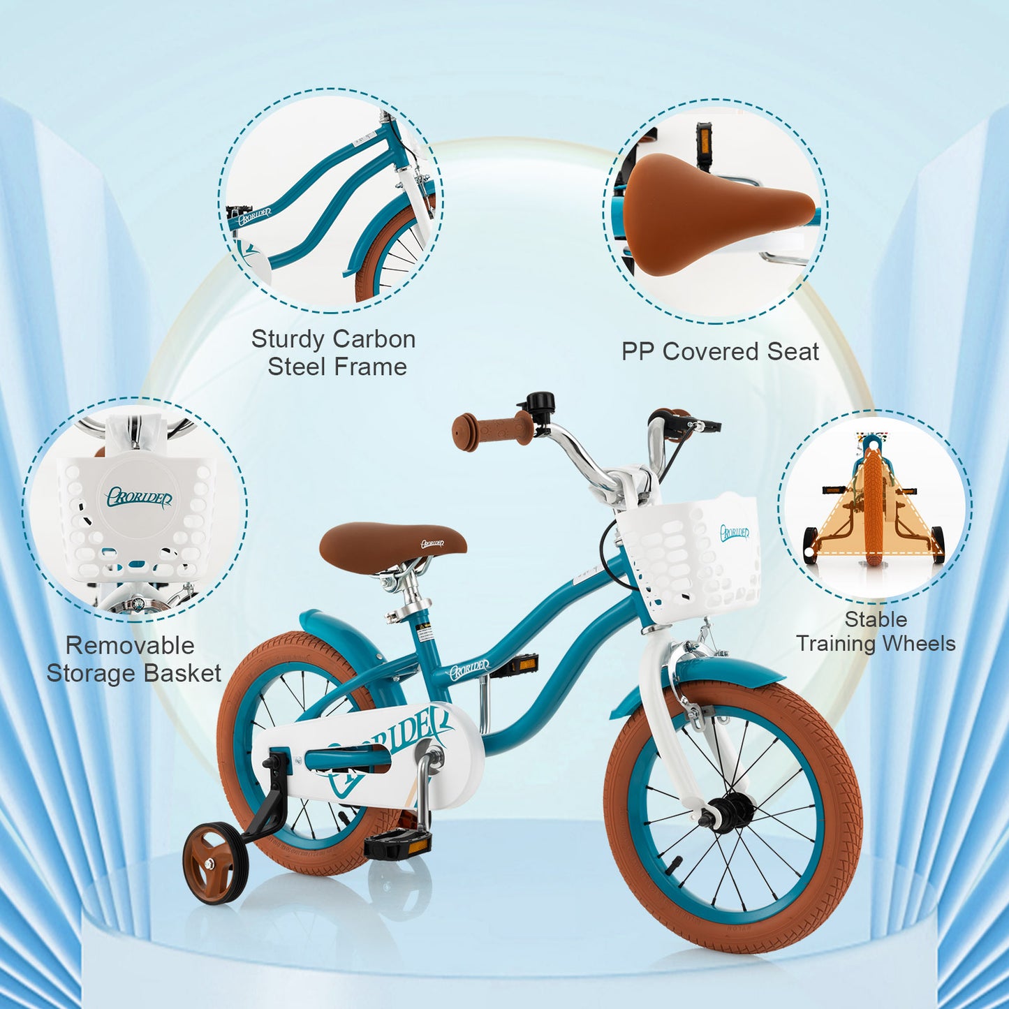 14 Inch Kid's Bike with Removable Training Wheels and Basket-Blue Kids Crystal