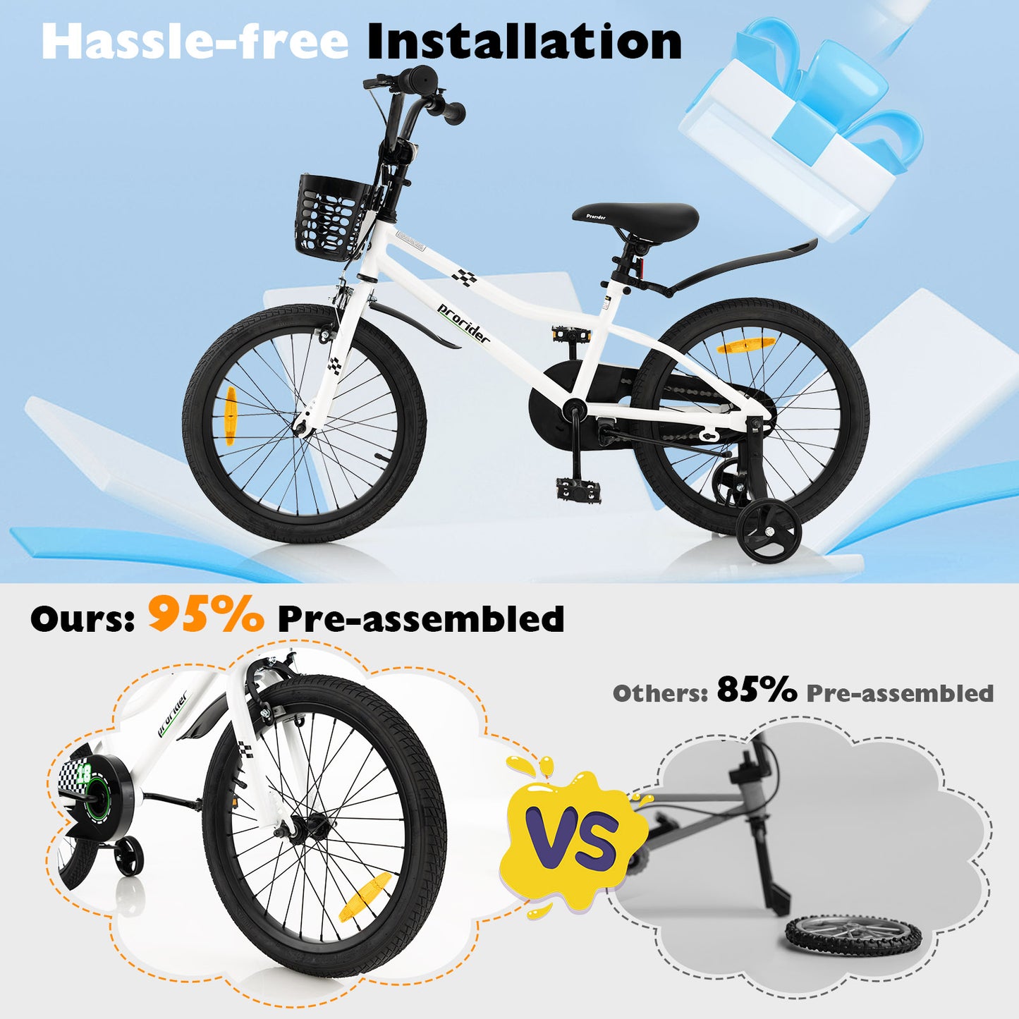 18 Feet Kids Bike with Removable Training Wheels-Black & White Kids Crystal