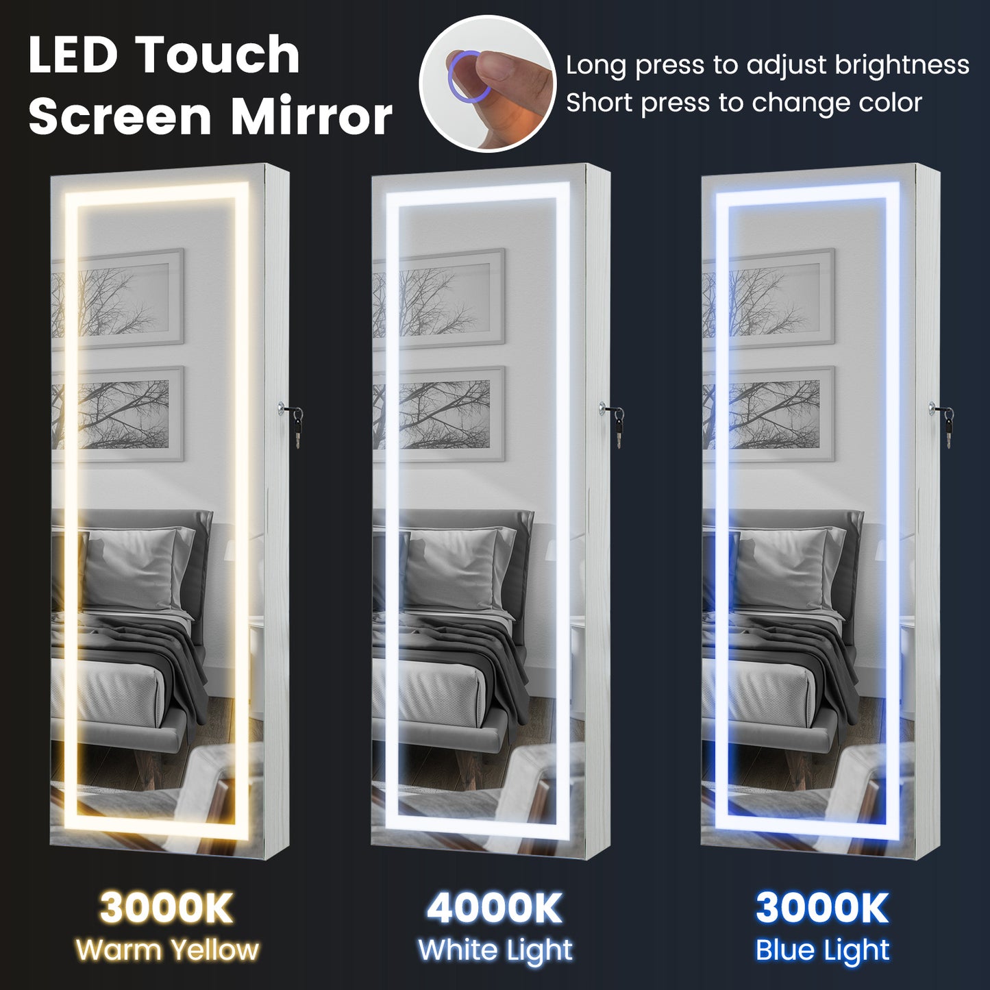 42.5 Inches Lockable Jewelry Mirror Wall Cabinet with 3-Color LED Lights-White Kids Crystal