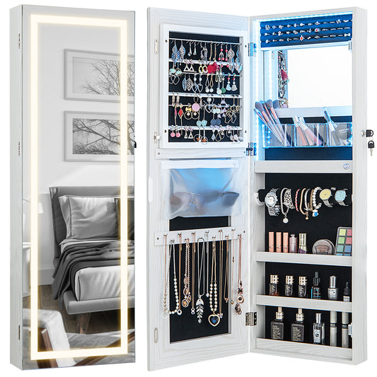 42.5 Inches Lockable Jewelry Mirror Wall Cabinet with 3-Color LED Lights-White Kids Crystal