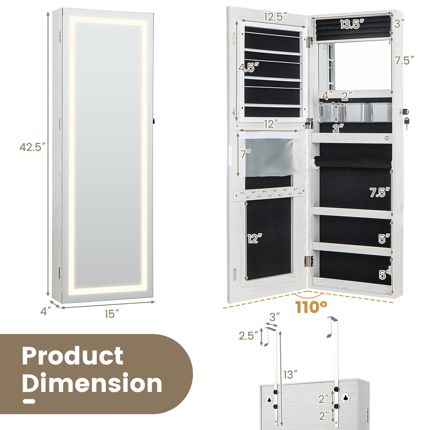 42.5 Inches Lockable Jewelry Mirror Wall Cabinet with 3-Color LED Lights-White Kids Crystal