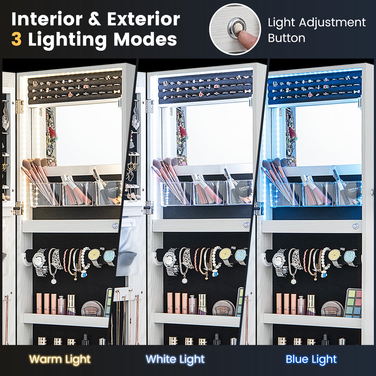 42.5 Inches Lockable Jewelry Mirror Wall Cabinet with 3-Color LED Lights-White Kids Crystal