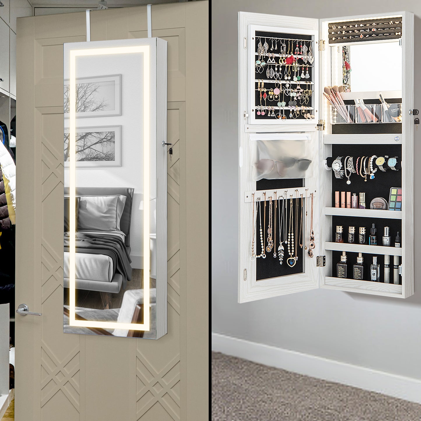 42.5 Inches Lockable Jewelry Mirror Wall Cabinet with 3-Color LED Lights-White Kids Crystal