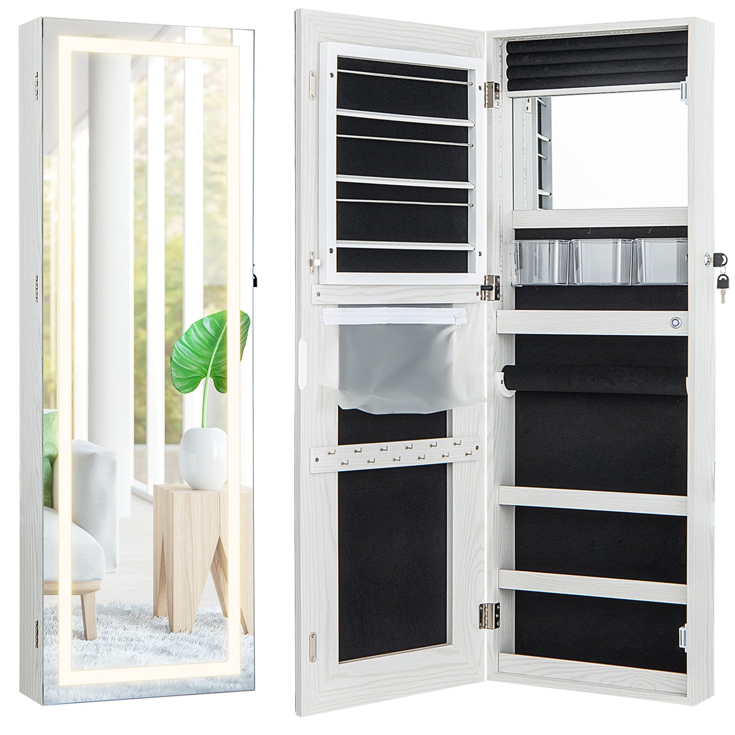 42.5 Inches Lockable Jewelry Mirror Wall Cabinet with 3-Color LED Lights-White Kids Crystal