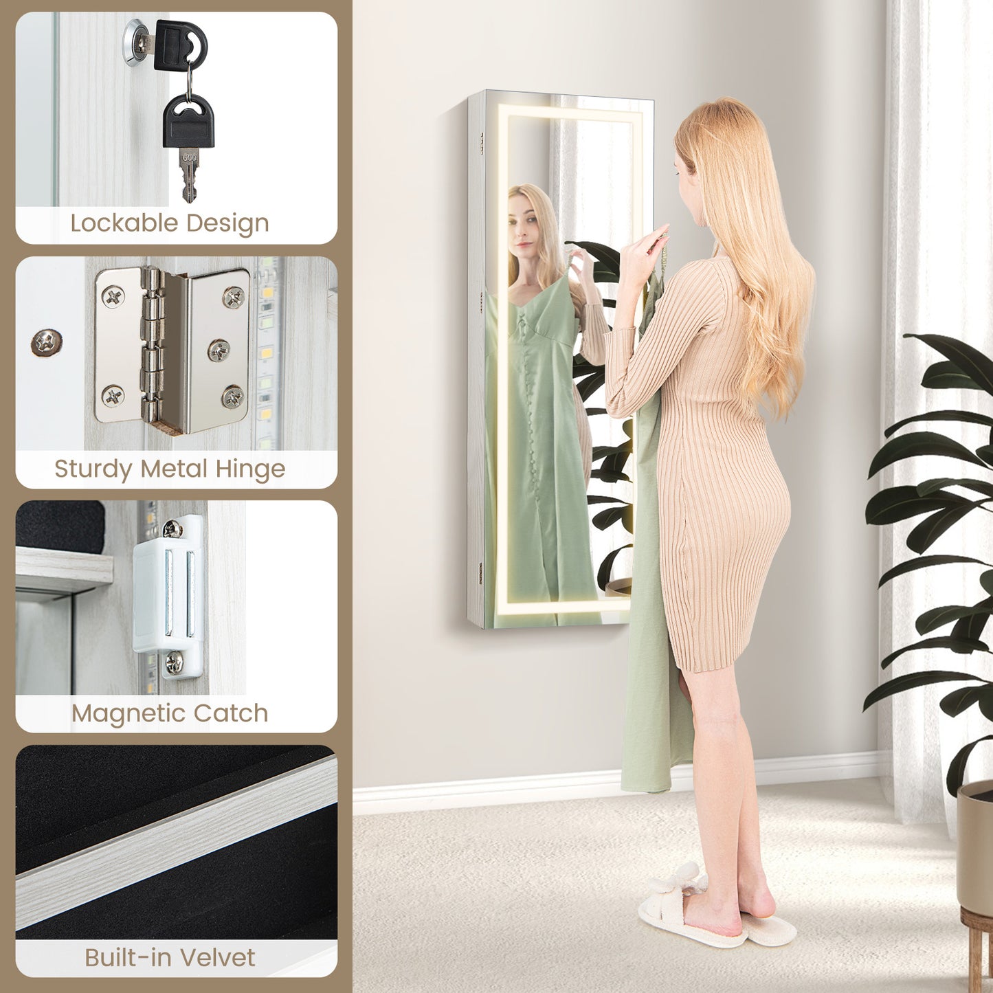 42.5 Inches Lockable Jewelry Mirror Wall Cabinet with 3-Color LED Lights-White Kids Crystal