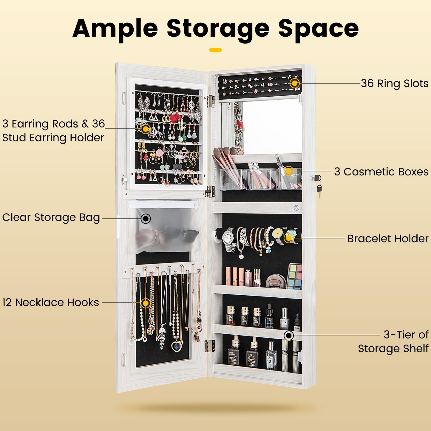 42.5 Inches Lockable Jewelry Mirror Wall Cabinet with 3-Color LED Lights-White Kids Crystal