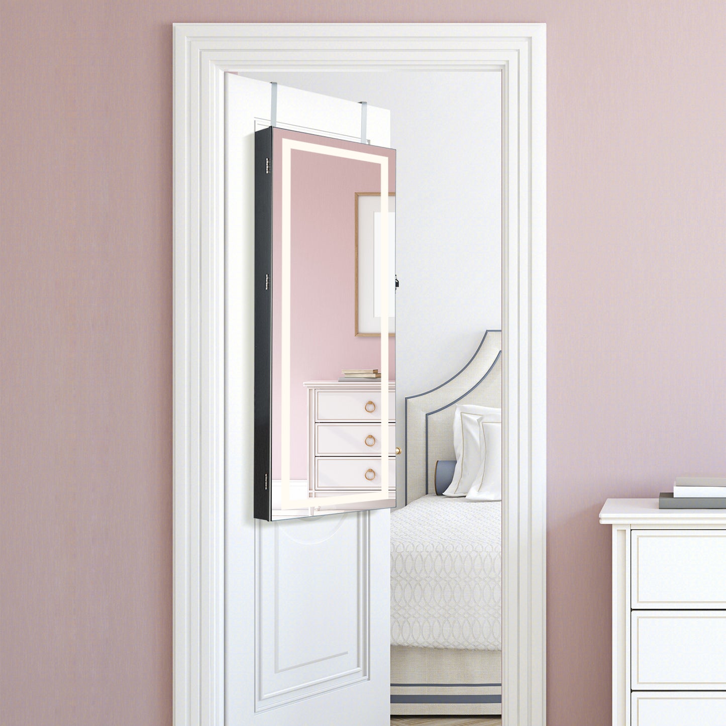 42.5 Inches Lockable Jewelry Mirror Wall Cabinet with 3-Color LED Lights-Black Kids Crystal