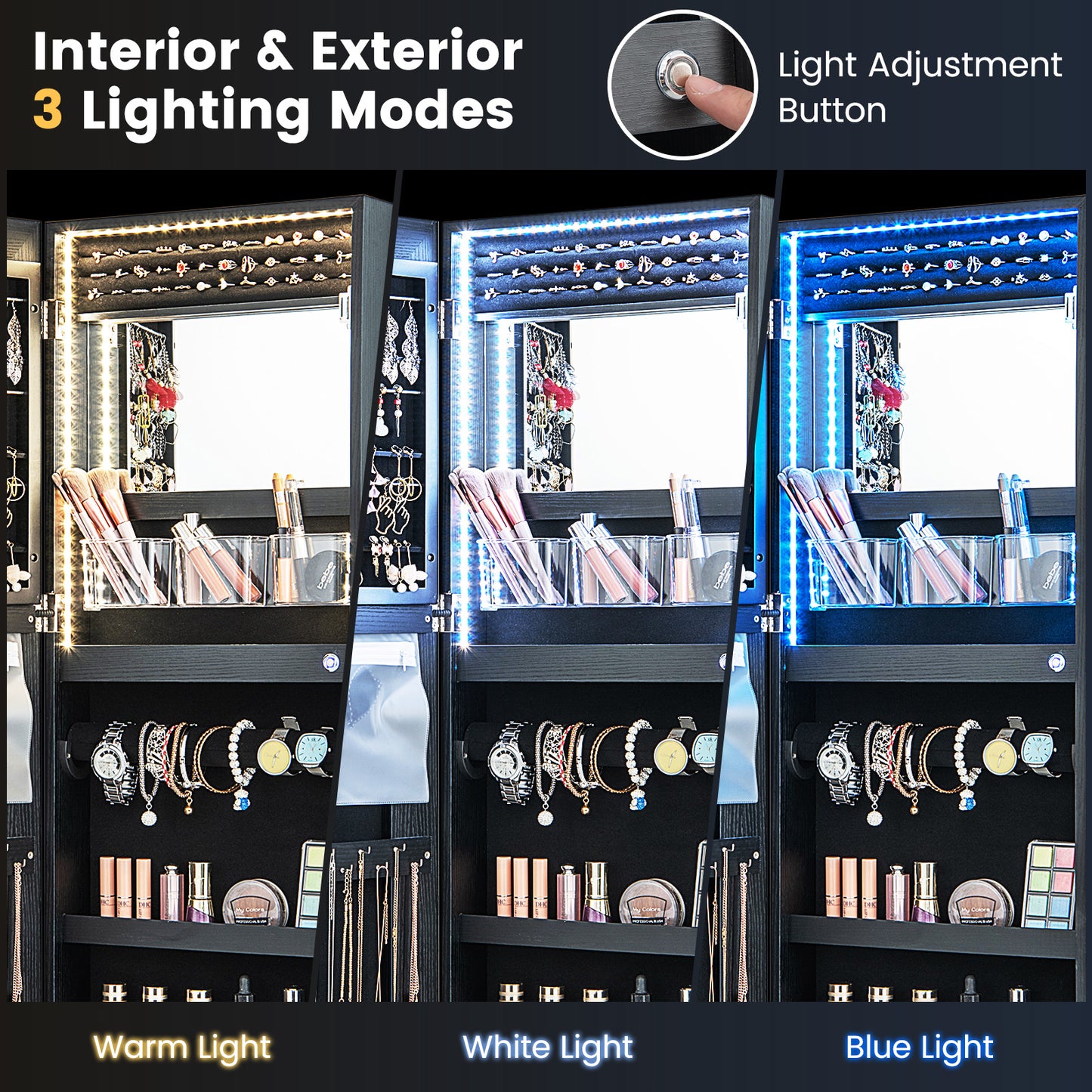 42.5 Inches Lockable Jewelry Mirror Wall Cabinet with 3-Color LED Lights-Black Kids Crystal