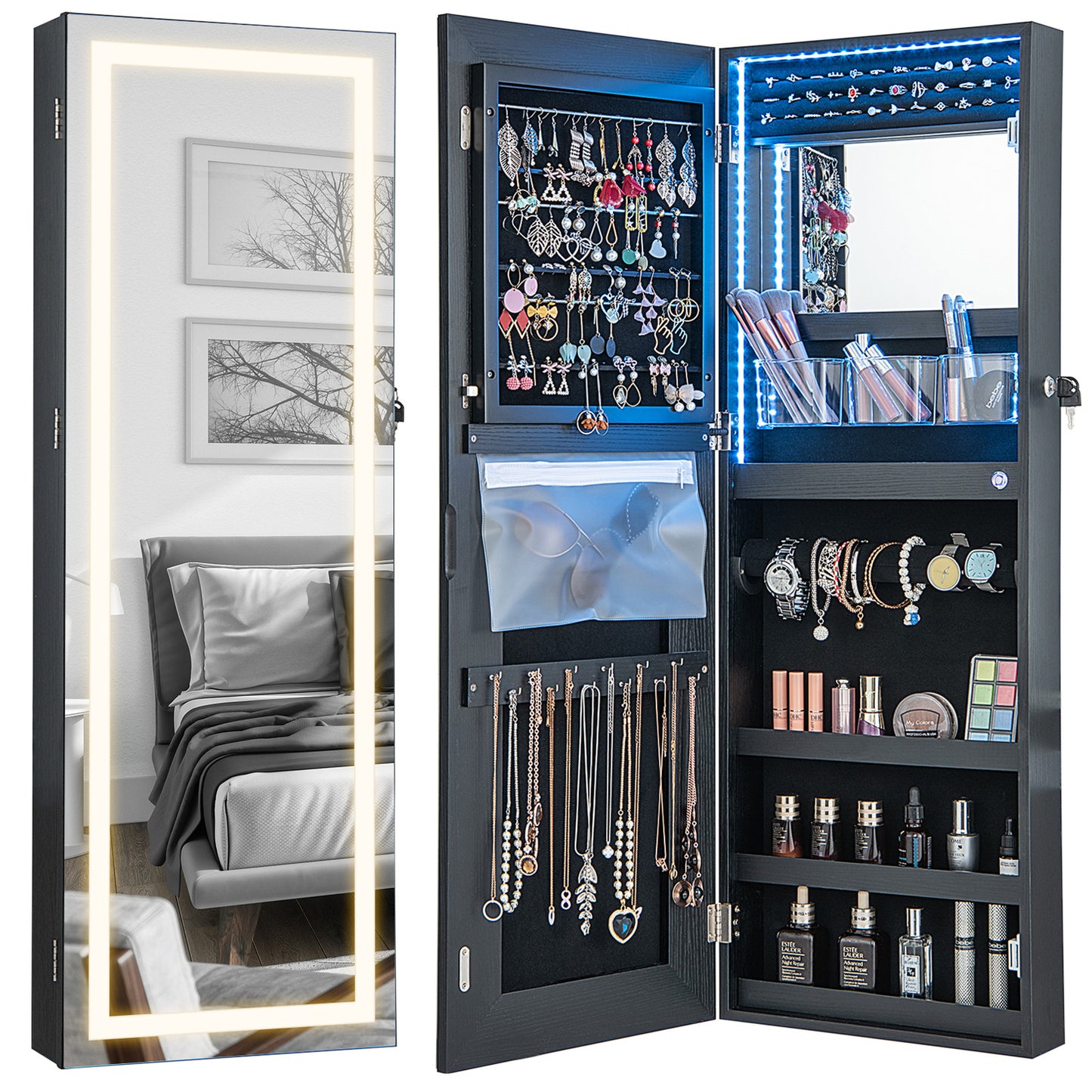 42.5 Inches Lockable Jewelry Mirror Wall Cabinet with 3-Color LED Lights-Black Kids Crystal