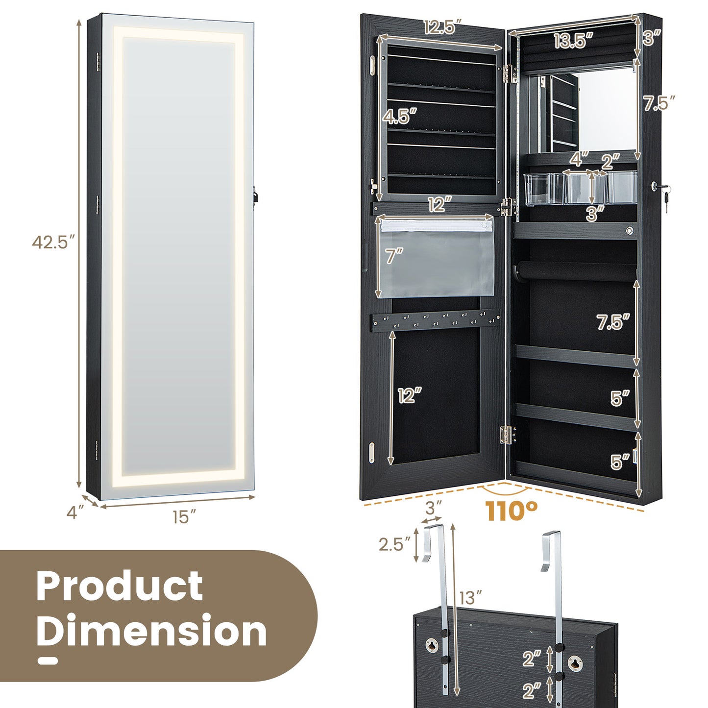 42.5 Inches Lockable Jewelry Mirror Wall Cabinet with 3-Color LED Lights-Black Kids Crystal