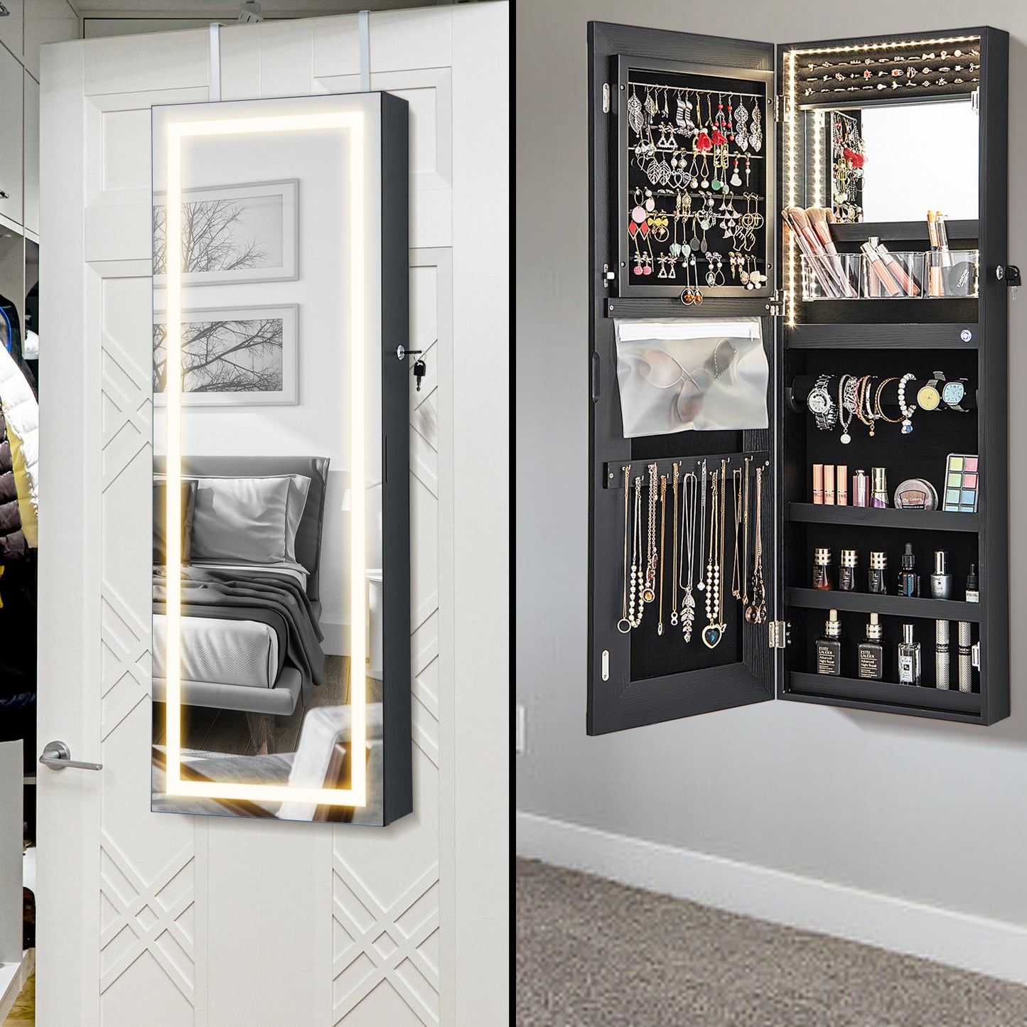 42.5 Inches Lockable Jewelry Mirror Wall Cabinet with 3-Color LED Lights-Black Kids Crystal