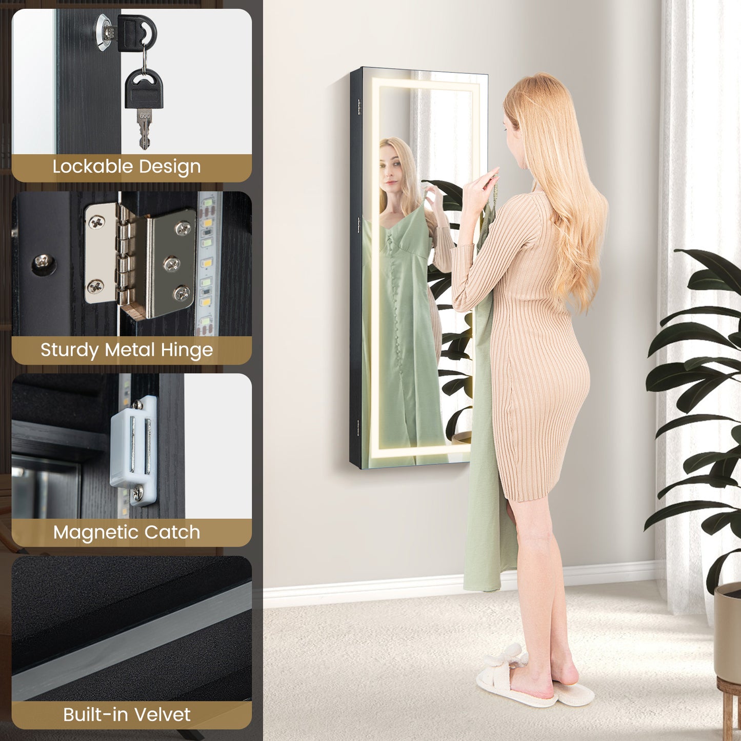 42.5 Inches Lockable Jewelry Mirror Wall Cabinet with 3-Color LED Lights-Black Kids Crystal