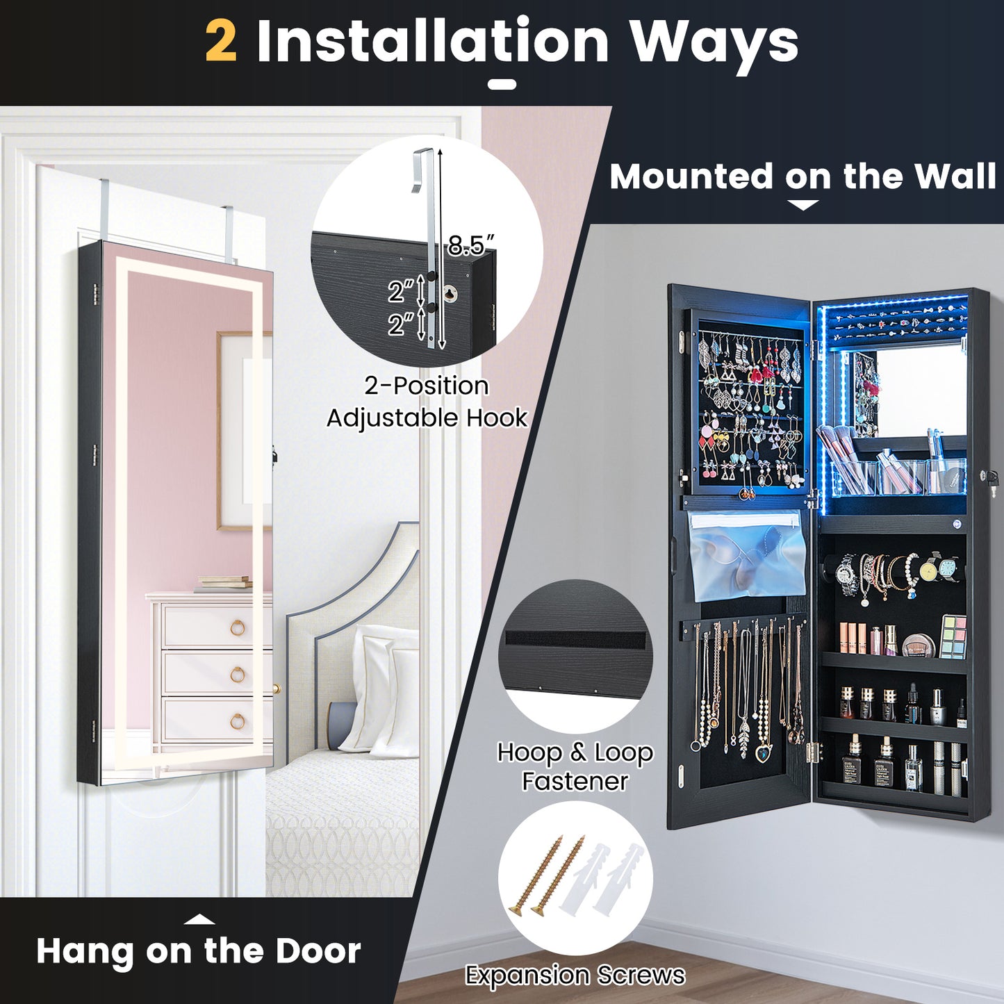 42.5 Inches Lockable Jewelry Mirror Wall Cabinet with 3-Color LED Lights-Black Kids Crystal