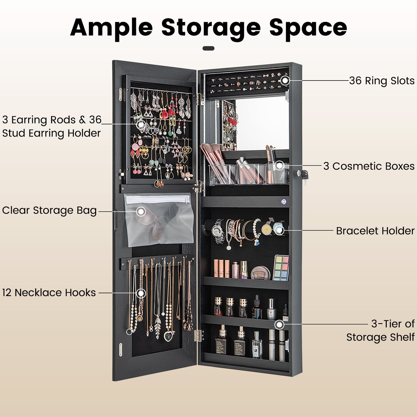 42.5 Inches Lockable Jewelry Mirror Wall Cabinet with 3-Color LED Lights-Black Kids Crystal