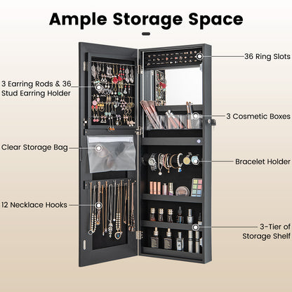 42.5 Inches Lockable Jewelry Mirror Wall Cabinet with 3-Color LED Lights-Black