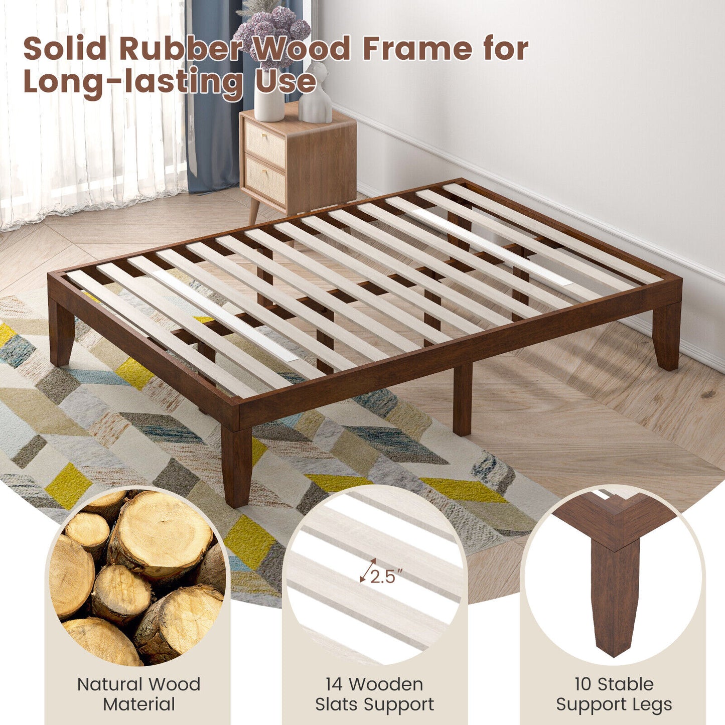 14 Inch Full Size Wood Platform Bed Frame with Wood Slat Support-Coffee Kids Crystal