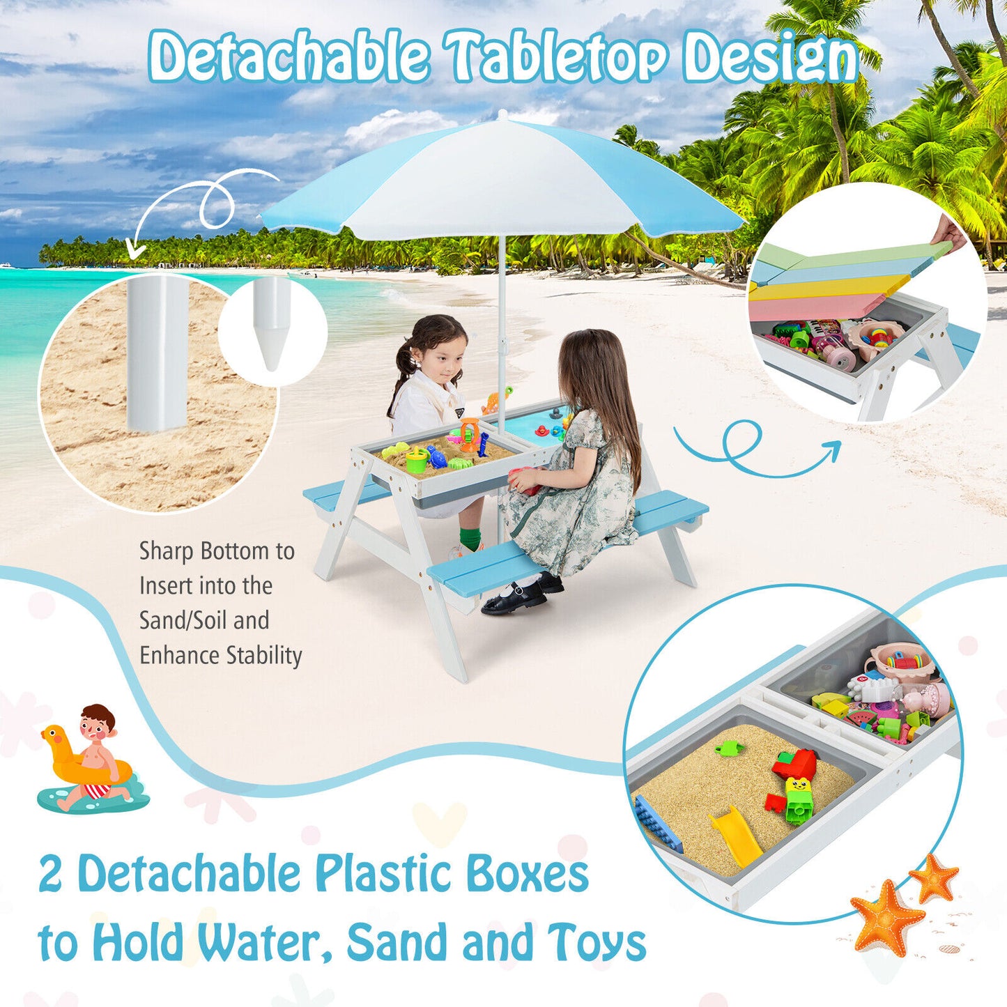 3-in-1 Kids Outdoor Picnic Water Sand Table with Umbrella Play Boxes-Blue Kids Crystal