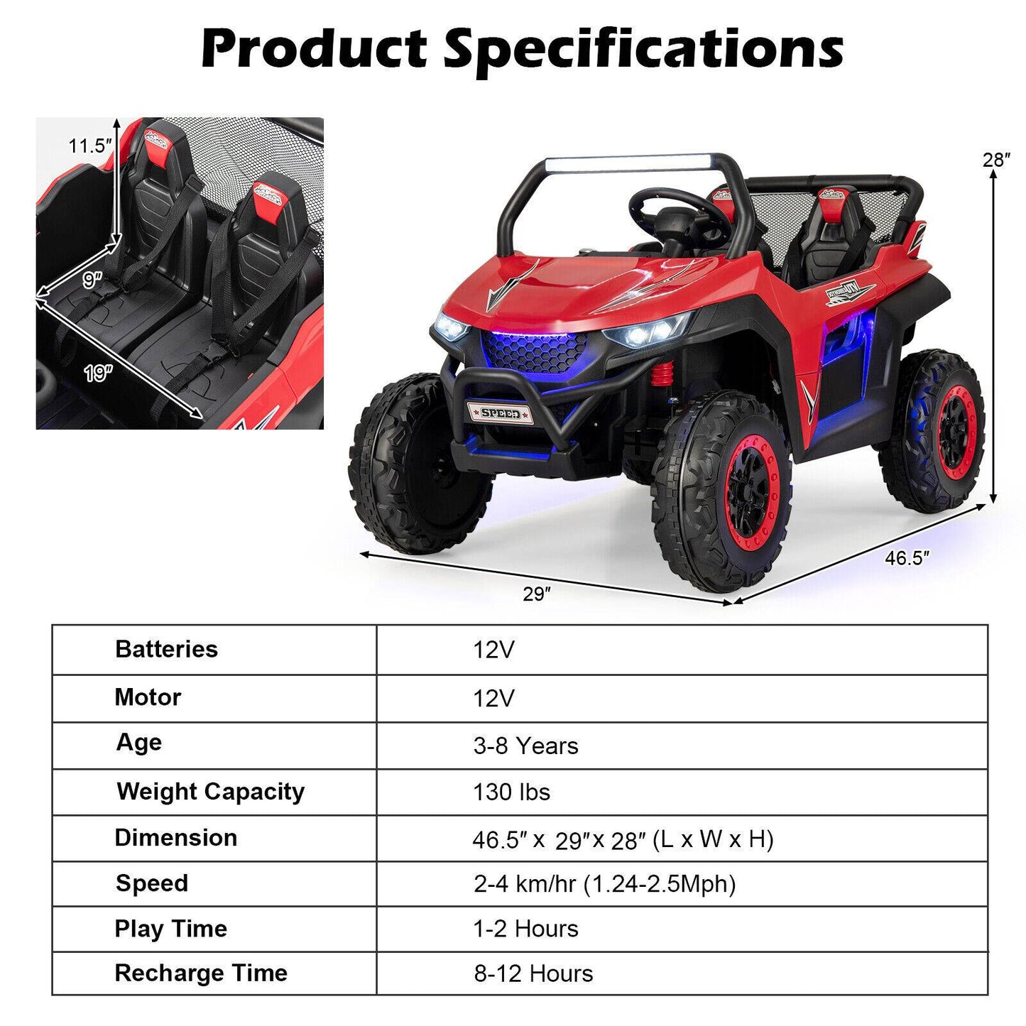 12V 2-Seater Kids Ride on UTV with Slow Start Function Music-Red Kids Crystal