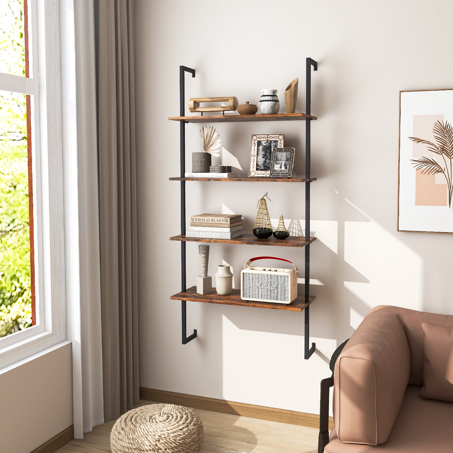 4-Tier Industrial Ladder Bookshelf with Metal Frame-Brown Kids Crystal