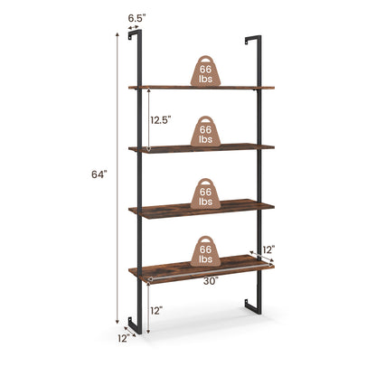 4-Tier Industrial Ladder Bookshelf with Metal Frame-Brown