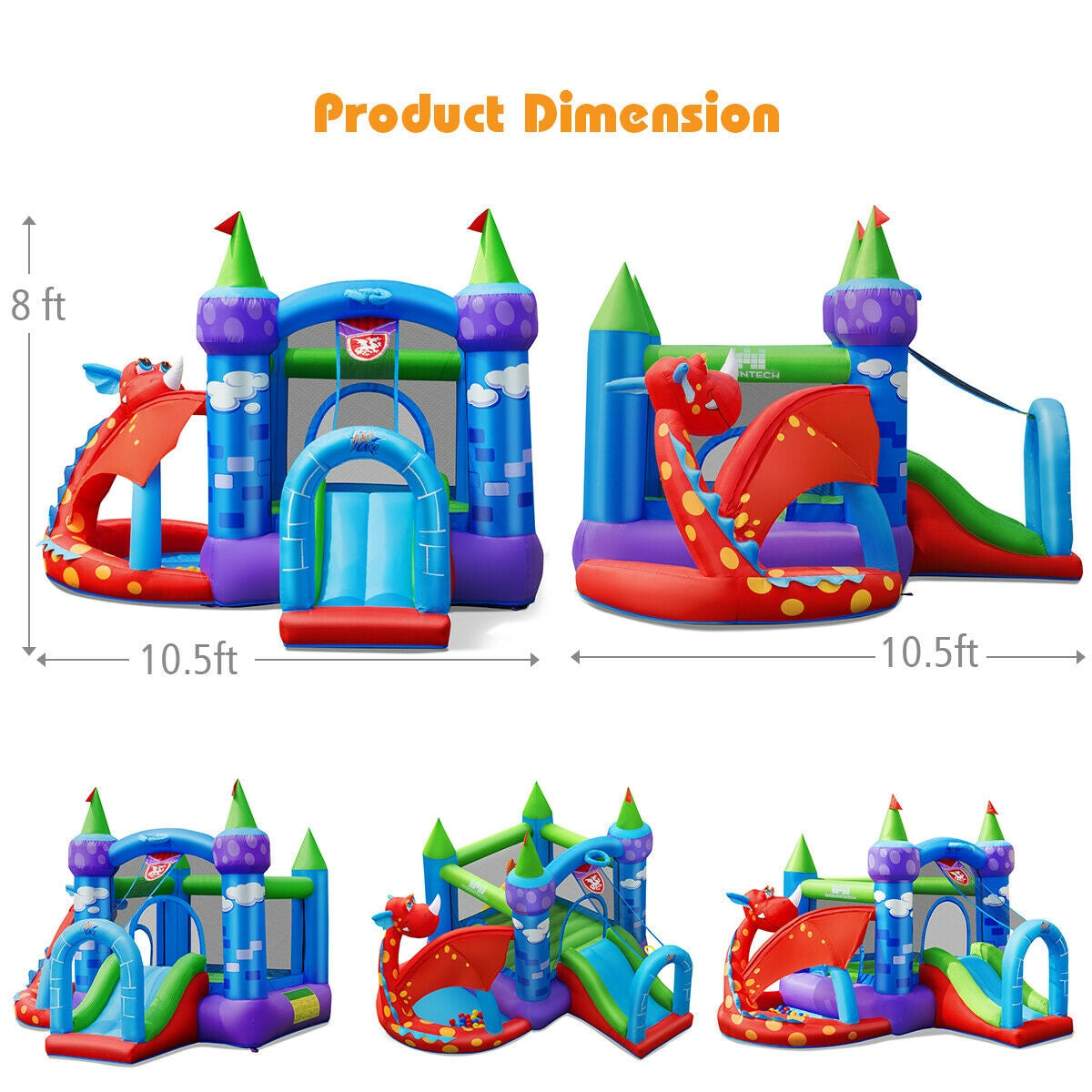 Kids Inflatable Bounce House Dragon Jumping Slide Bouncer Castle with 740W Blower Kids Crystal
