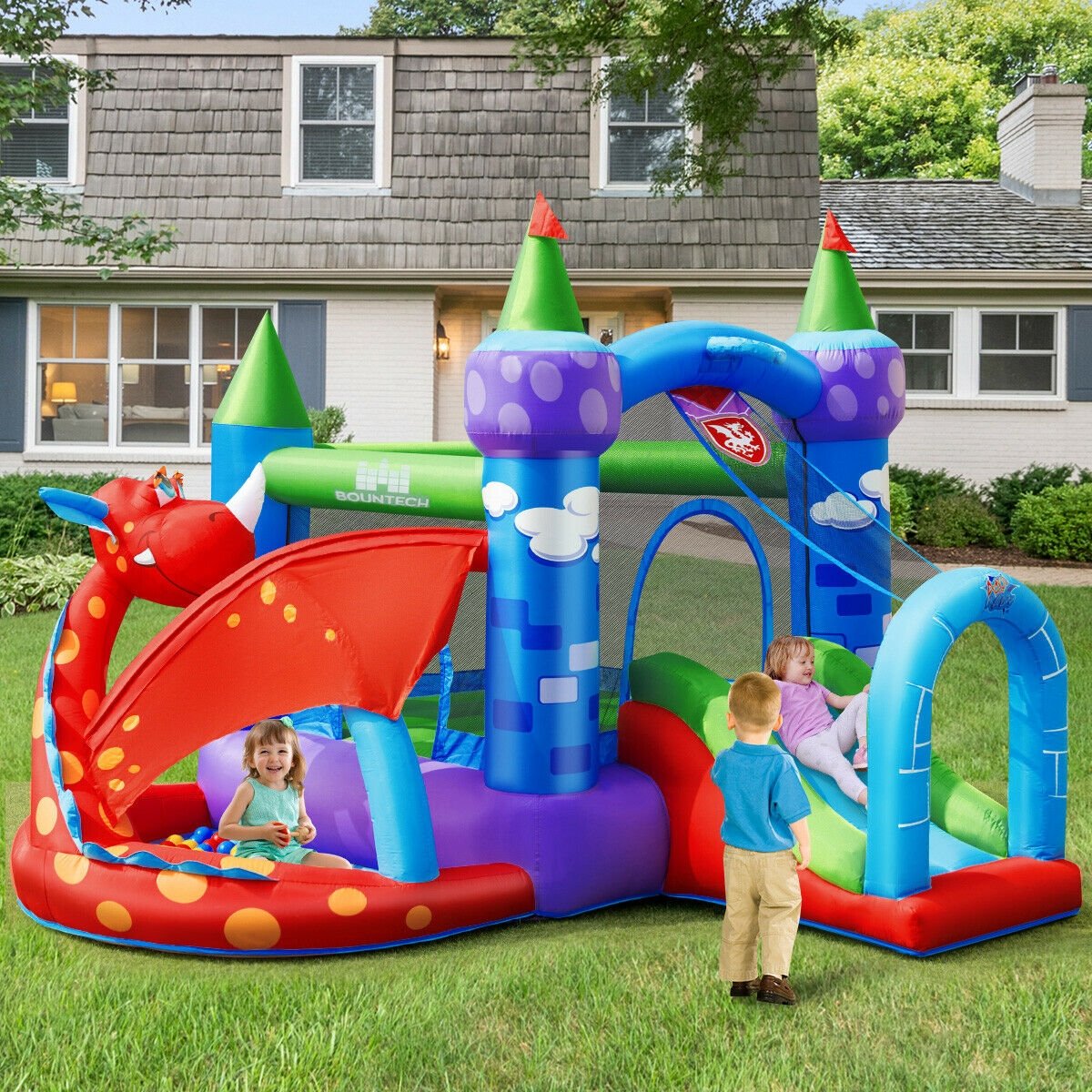 Kids Inflatable Bounce House Dragon Jumping Slide Bouncer Castle with 740W Blower Kids Crystal