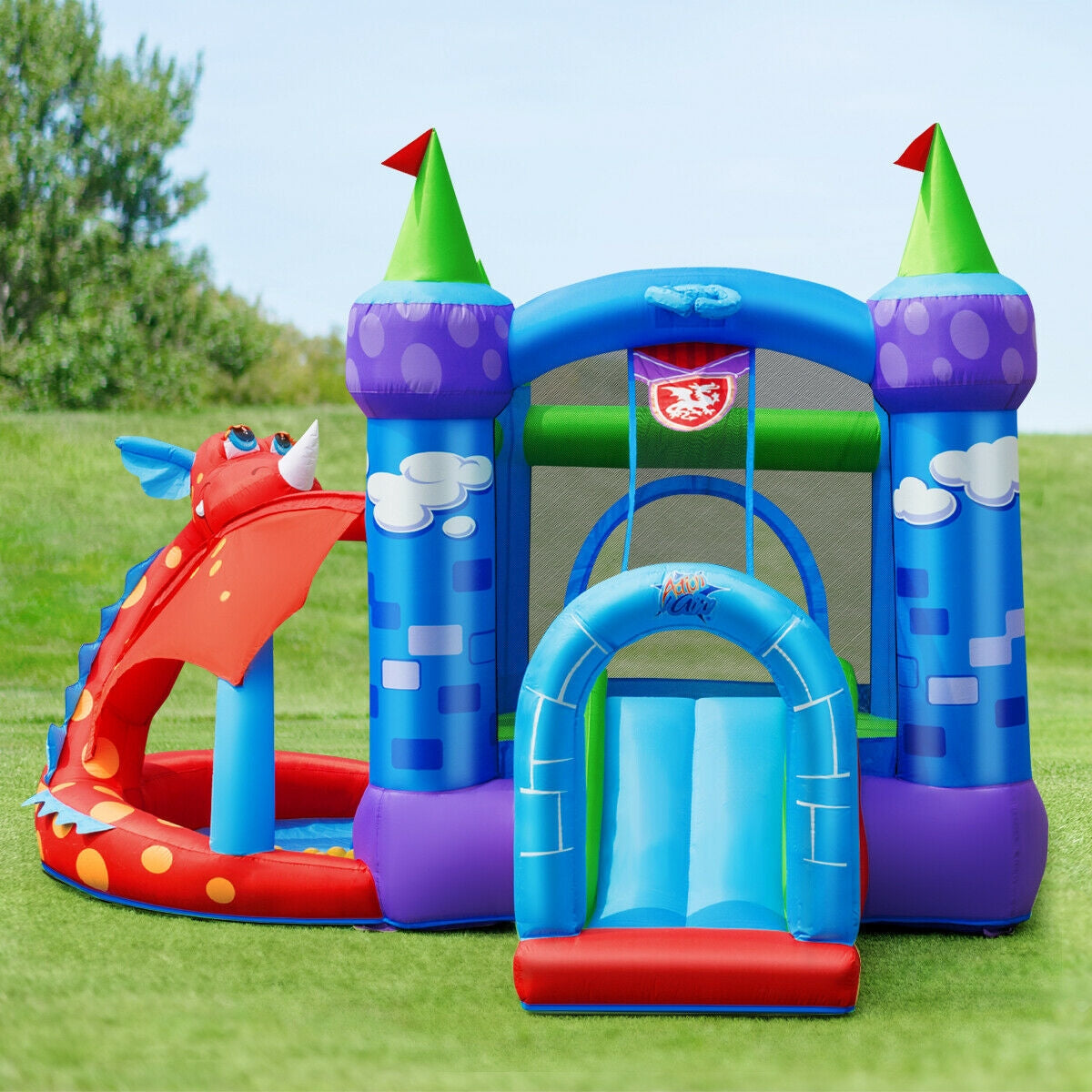 Kids Inflatable Bounce House Dragon Jumping Slide Bouncer Castle with 740W Blower Kids Crystal