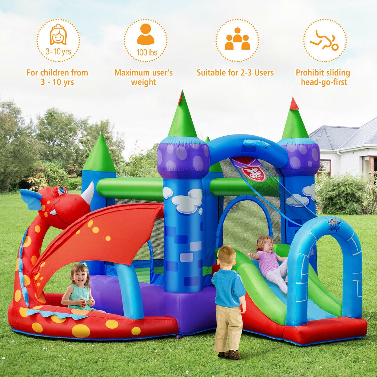 Kids Inflatable Bounce House Dragon Jumping Slide Bouncer Castle with 740W Blower Kids Crystal