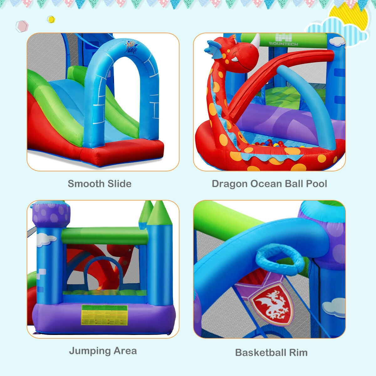 Kids Inflatable Bounce House Dragon Jumping Slide Bouncer Castle with 740W Blower Kids Crystal