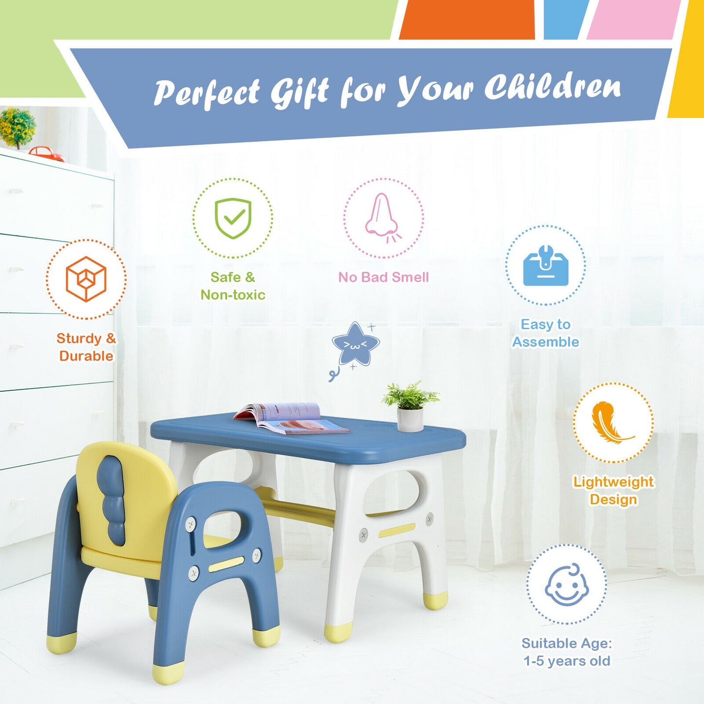 Kids Activity Table and Chair Set with Montessori Toys for Preschool and Kindergarten-Blue Kids Crystal