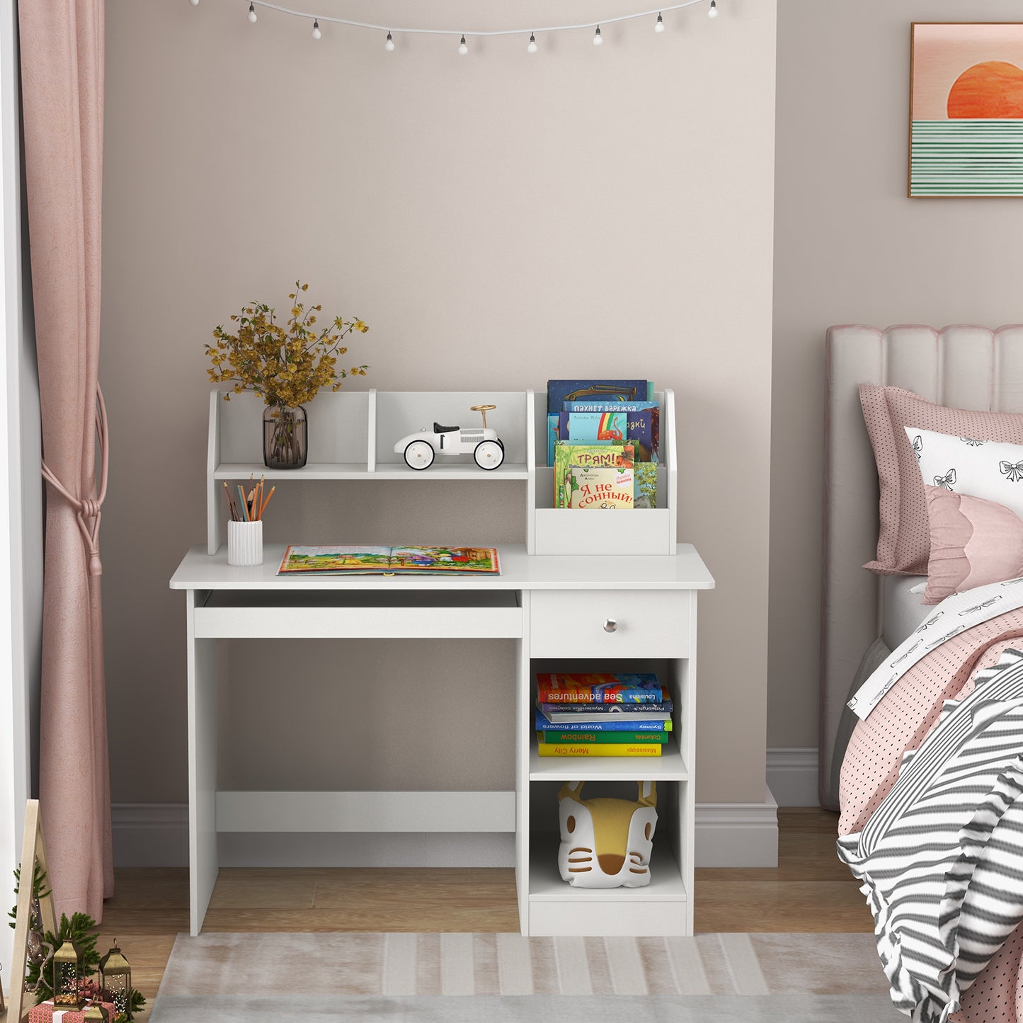 Kids Study Desk Children Writing Table with Hutch Drawer Shelves and Keyboard Tray-White Kids Crystal